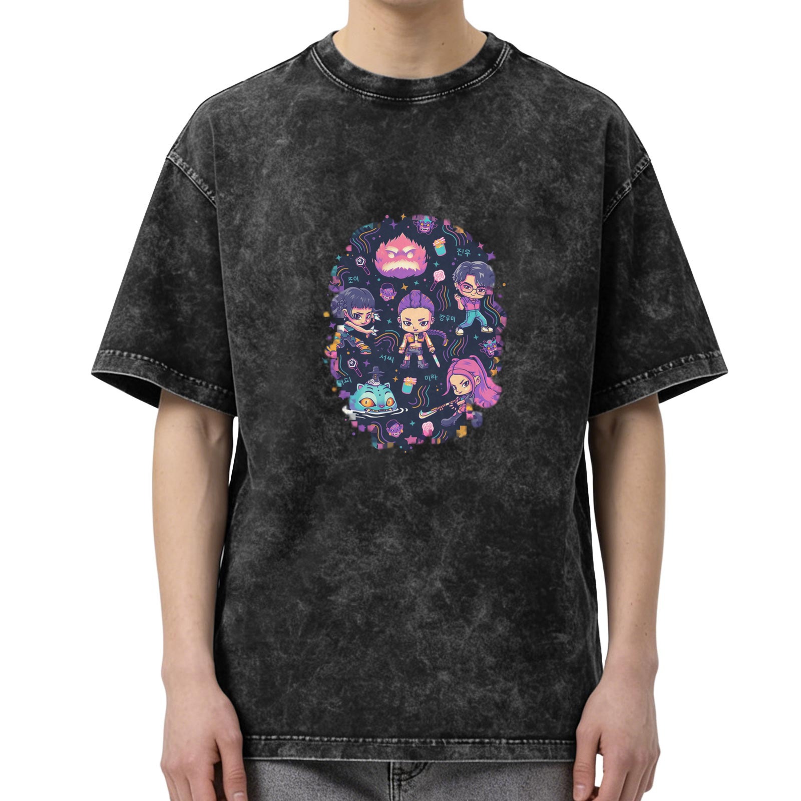 Washed Black Oversized T-Shirt With Chibi Fantasy Character Graphic