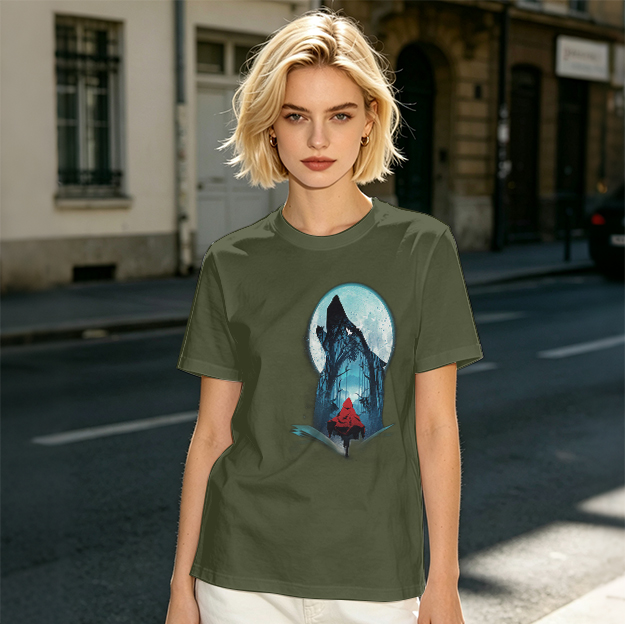 Olive T-Shirt With Red Riding Hood Wolf Moon Graphic