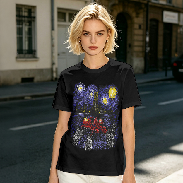 Olive T-Shirt with Starry Night Superhero Cityscape Art Print