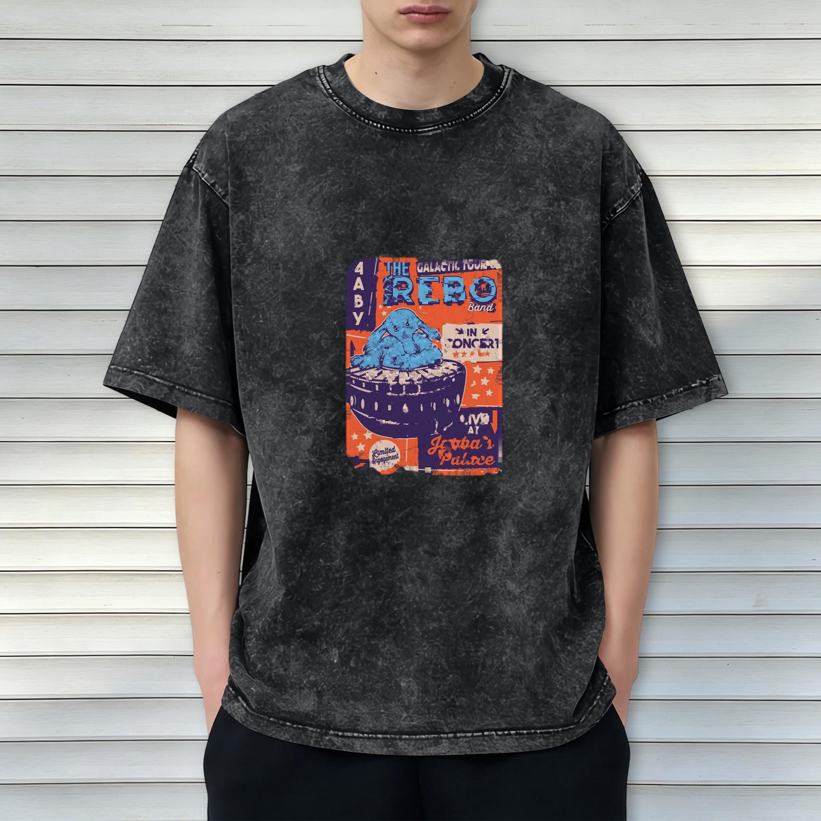 Oversized Acid Wash T-Shirt with The Max Rebo Band Jabba's Palace Concert Print