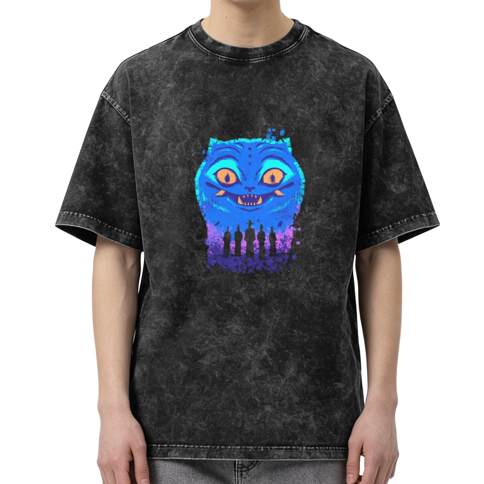 Oversized Acid Wash T-Shirt With Cheshire Cat Graphic Print