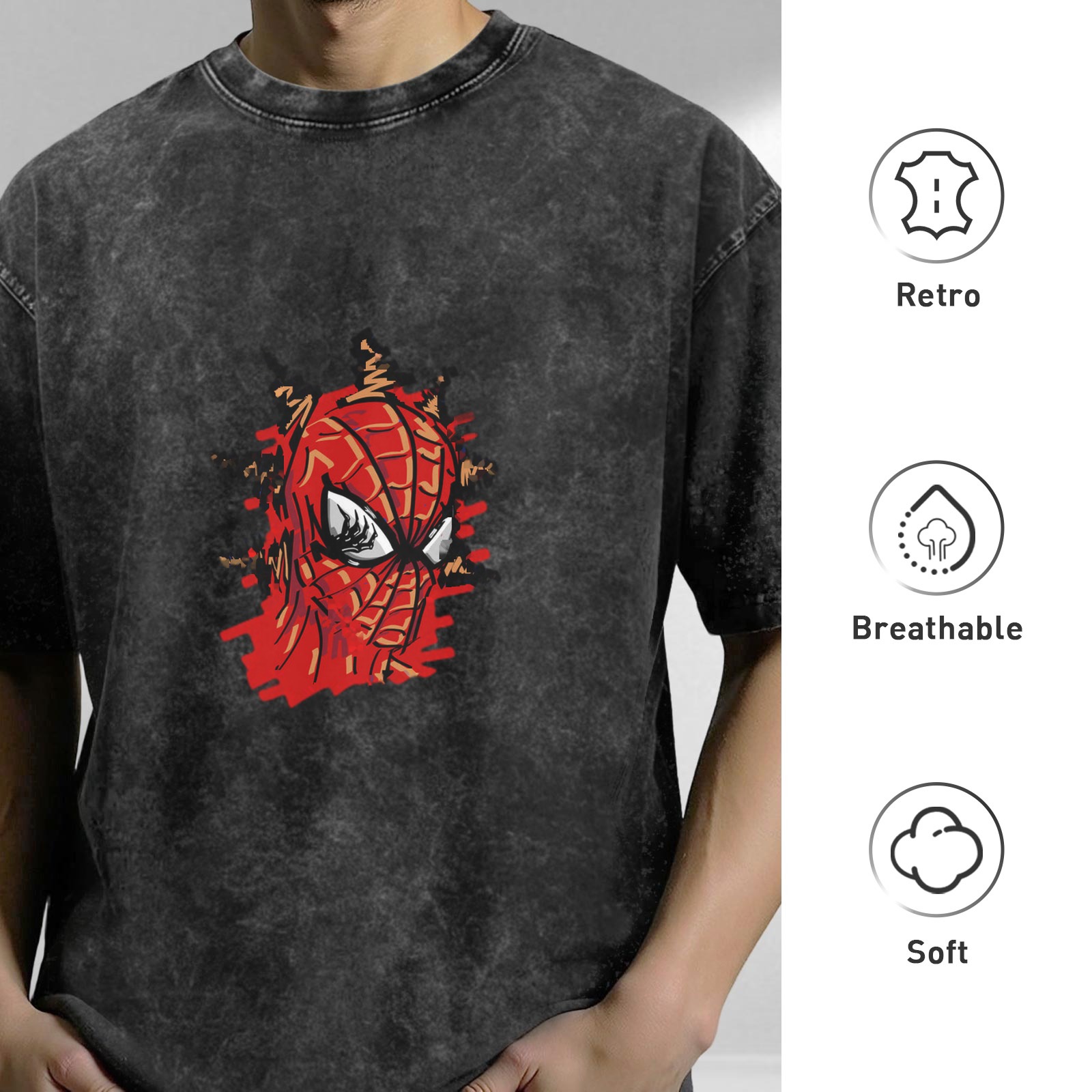 Oversized Acid Wash T-Shirt with Spider-Man Graphic Print