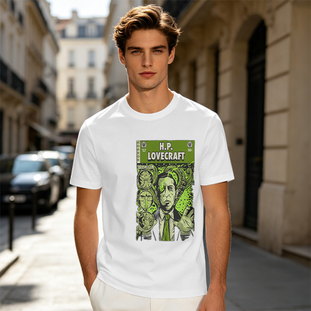 H.P. Lovecraft Comic Print Graphic Olive T-Shirt