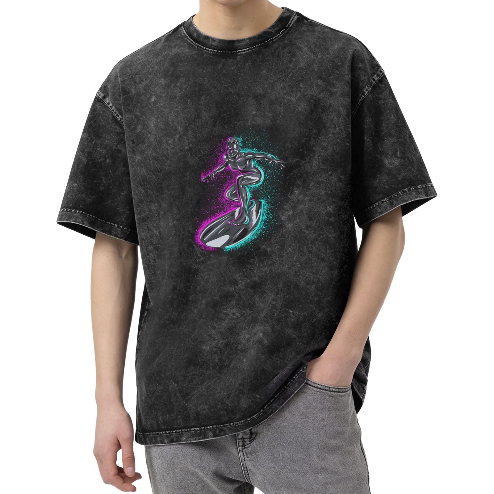 Oversized Acid Wash T-Shirt With Neon Surfer Graphic
