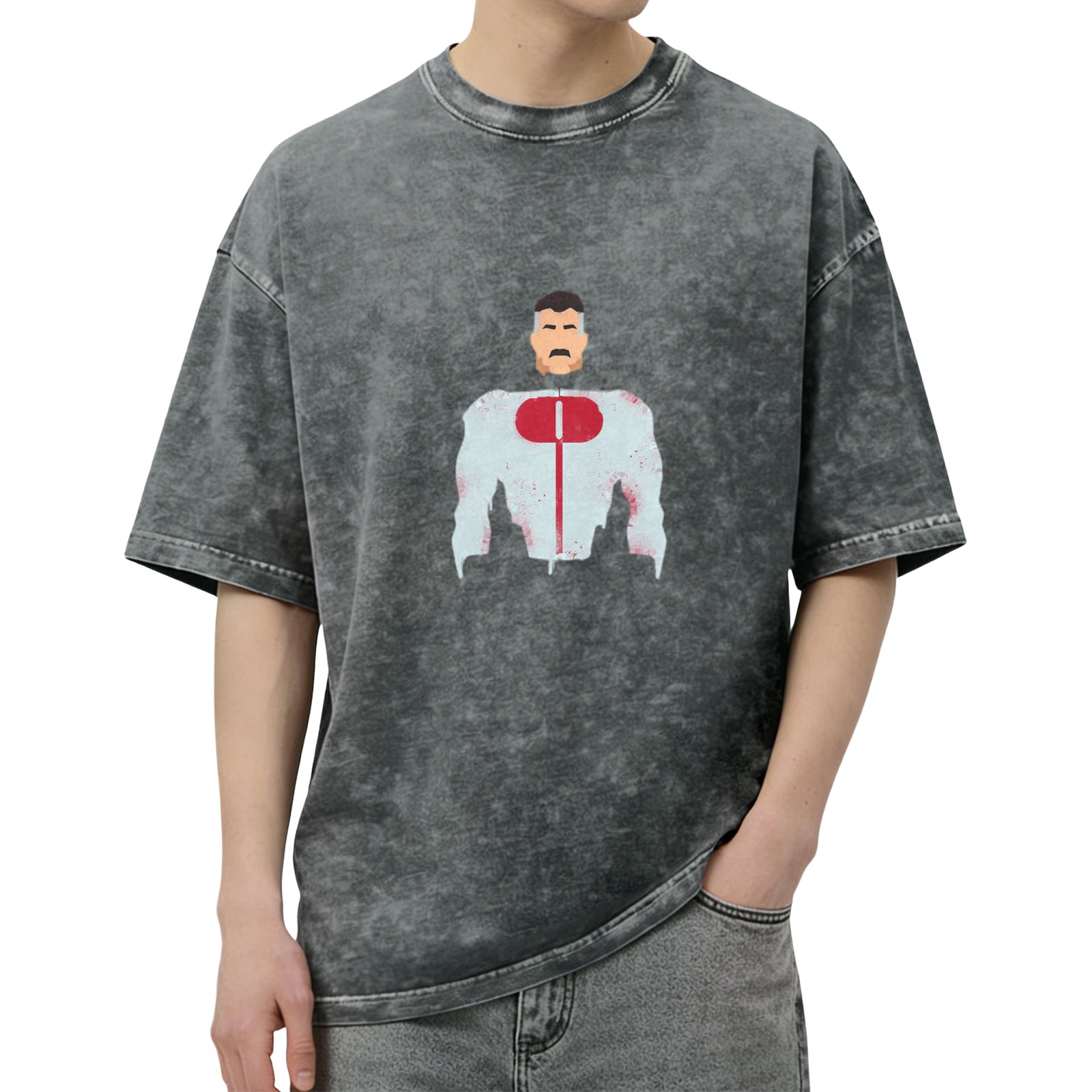 Retro washed black loose short-sleeved T-shirt printed with the minimalist pattern of the character Omni-Man