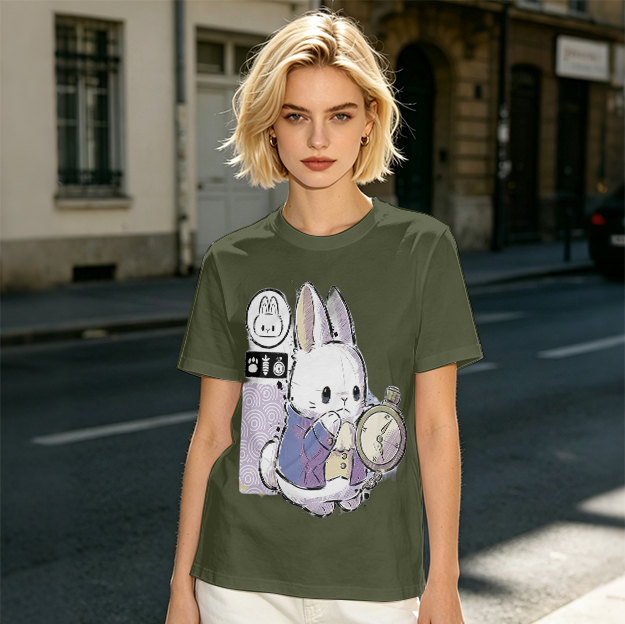 Olive T-Shirt With White Rabbit Holding Pocket Watch Print