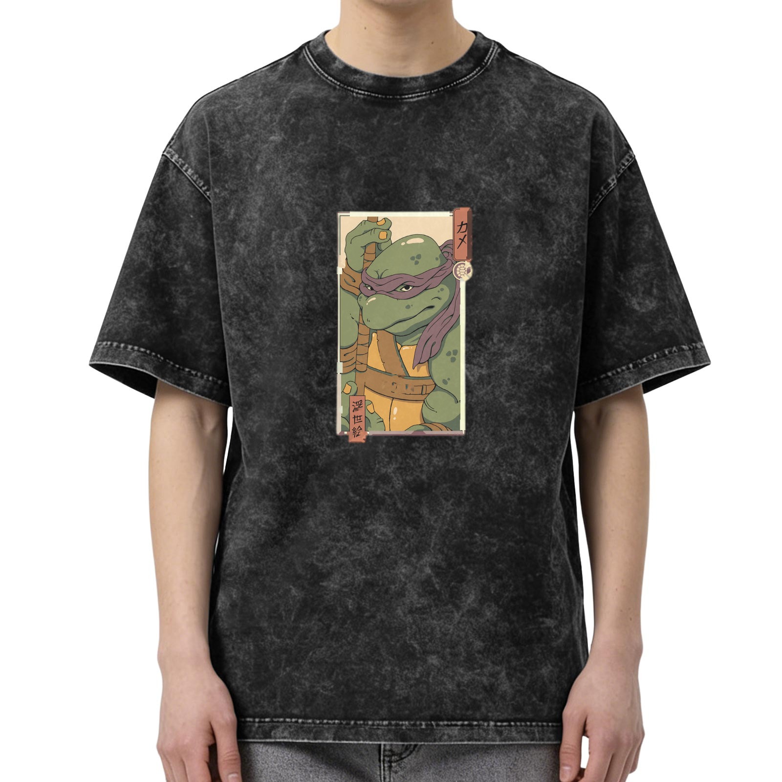 Washed Black Oversized T-Shirt with Purple Mask Ninja Turtle Graphic