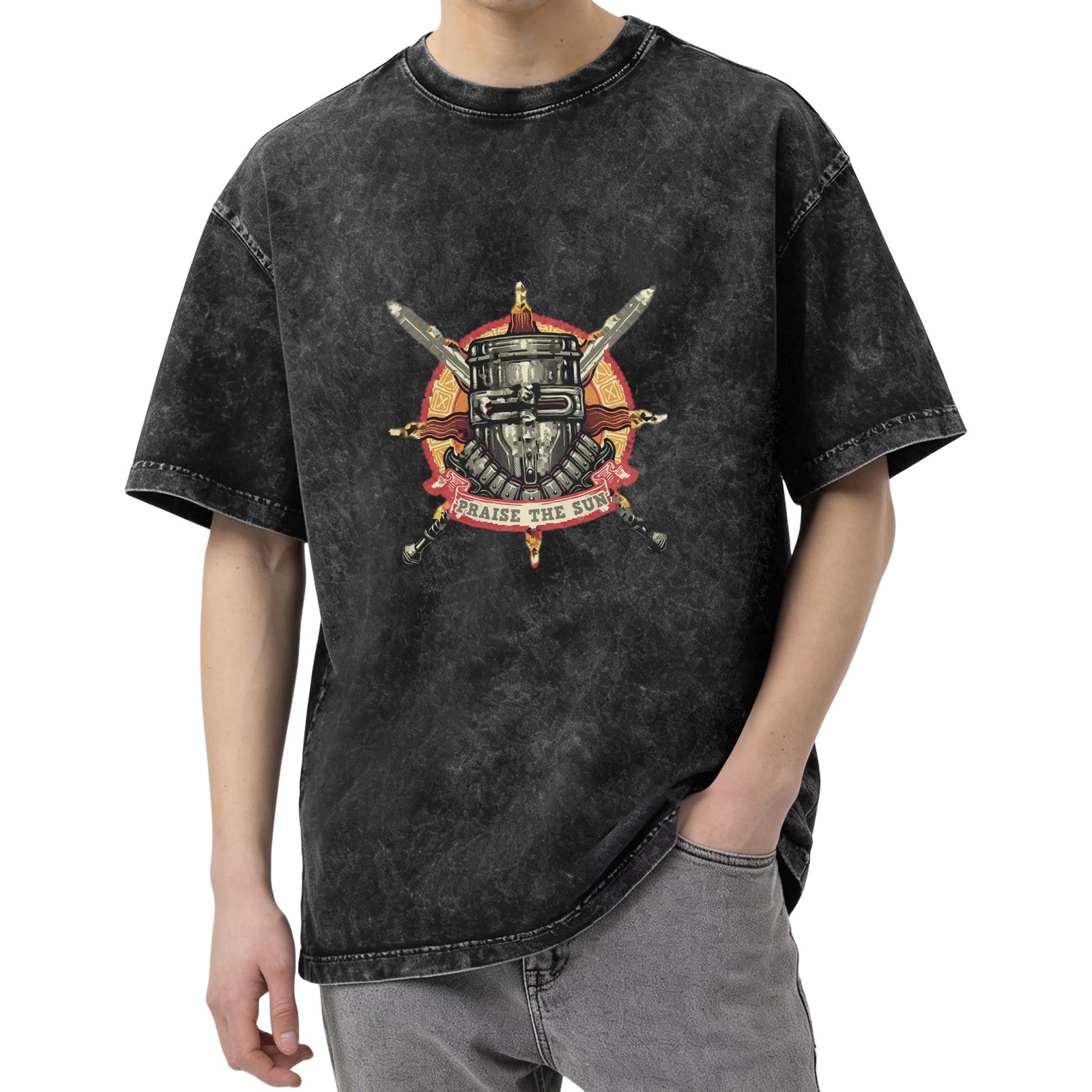 Dark Wash T-Shirt With Praise The Sun Knight Helmet Graphic