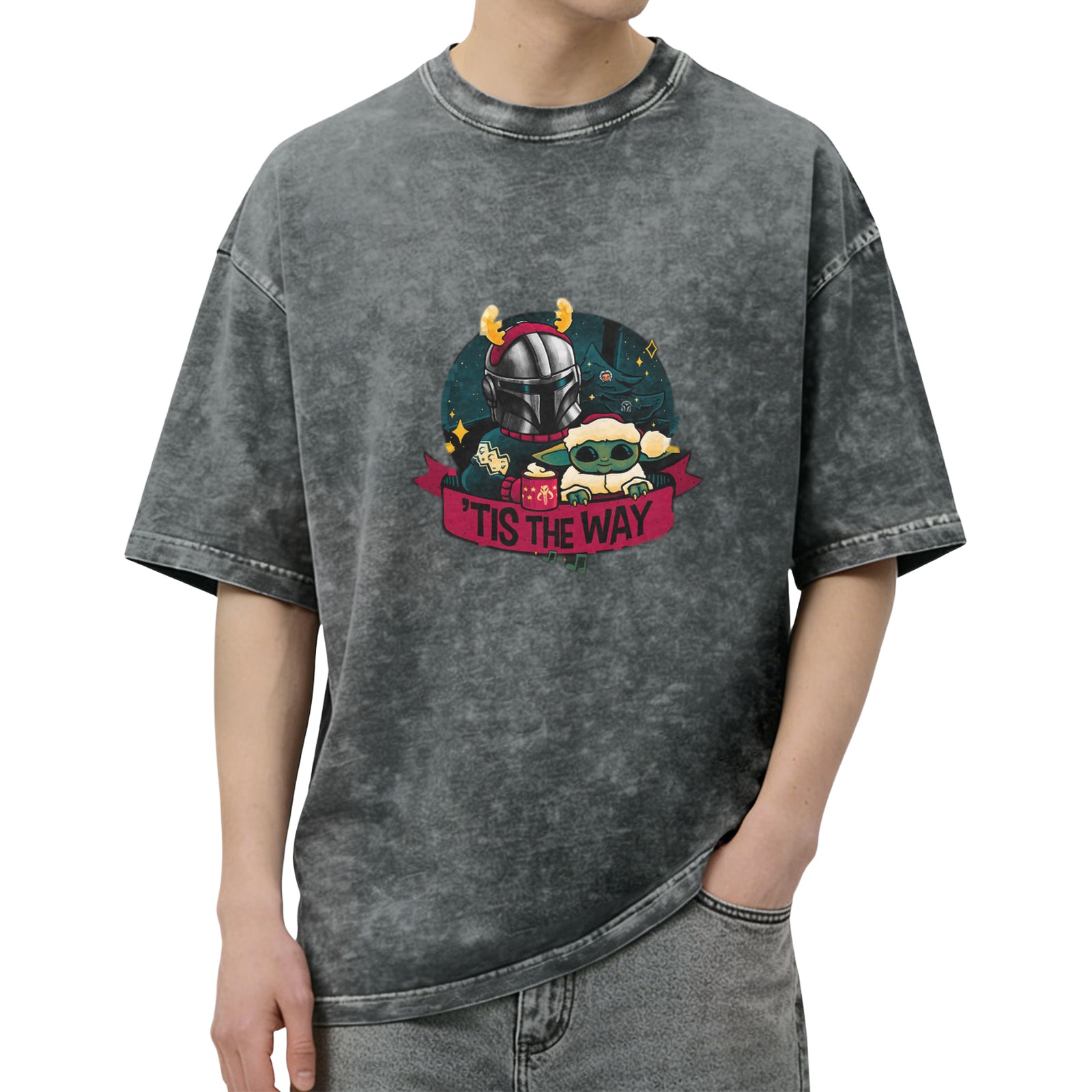 Star Wars Mandalorian & Grogu 'Tis The Way Christmas Graphic Oversized Stone Wash T-Shirt