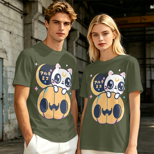 Cute white cat on jack-o'-lantern Halloween graphic tee
