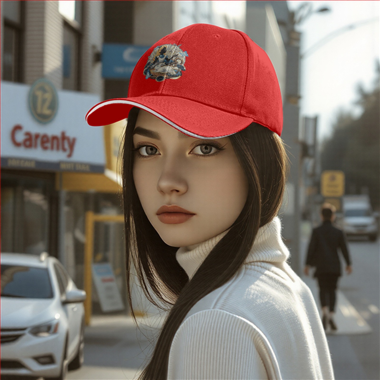 Black baseball cap with Alice in Wonderland themed graphic