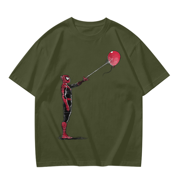 Olive T-shirt with Spider-Man Holding Red Balloon Graphic