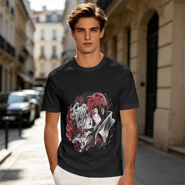 Olive T-Shirt with Anime Style Character Portrait Print