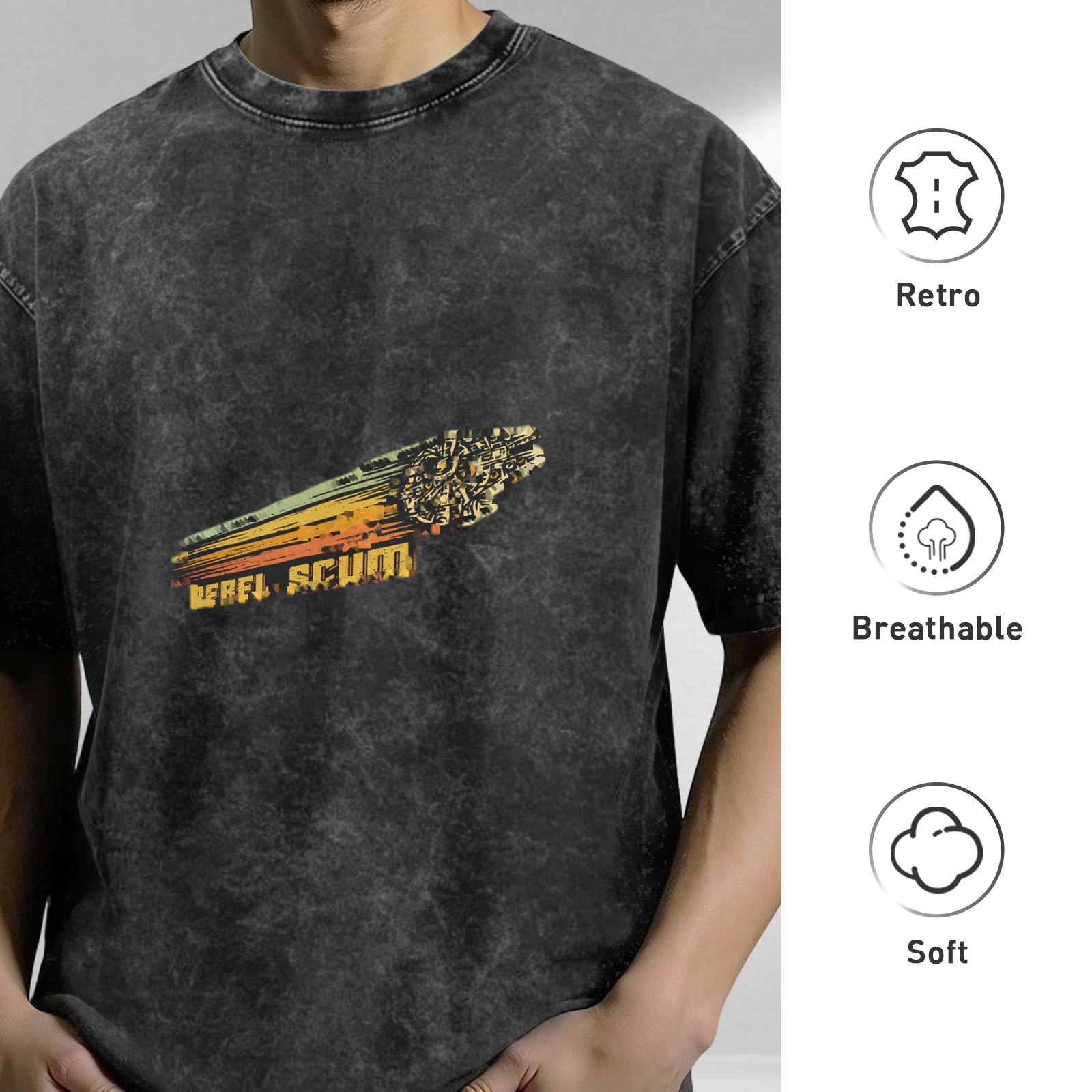 Distressed washed black short-sleeved T-shirt Star Wars themed pattern Rebel Scum Millennium Falcon print loose fit
