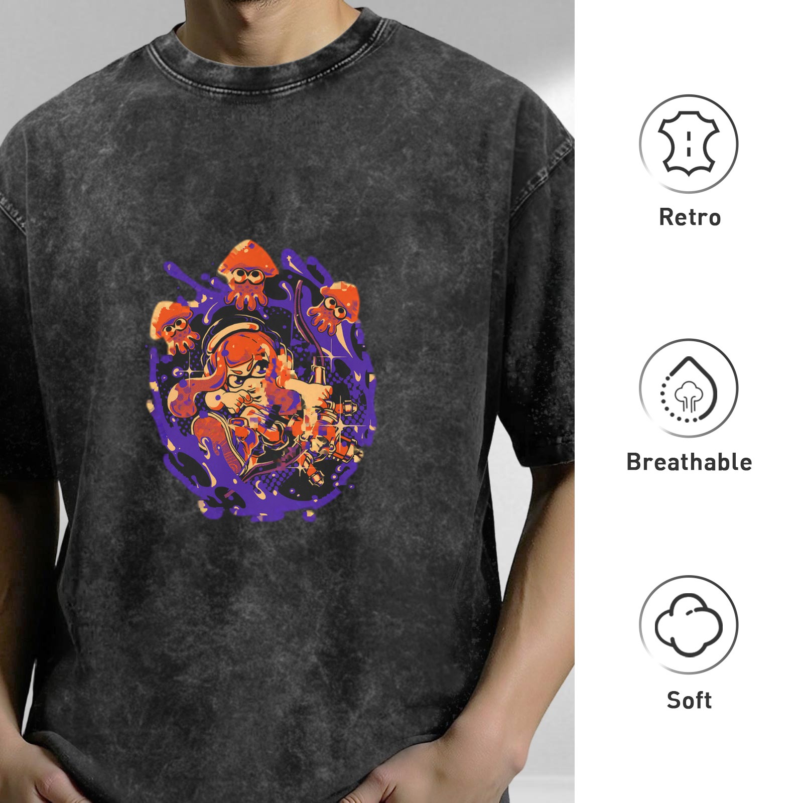 Washed black graphic t-shirt with Splatoon style inkling and squid design