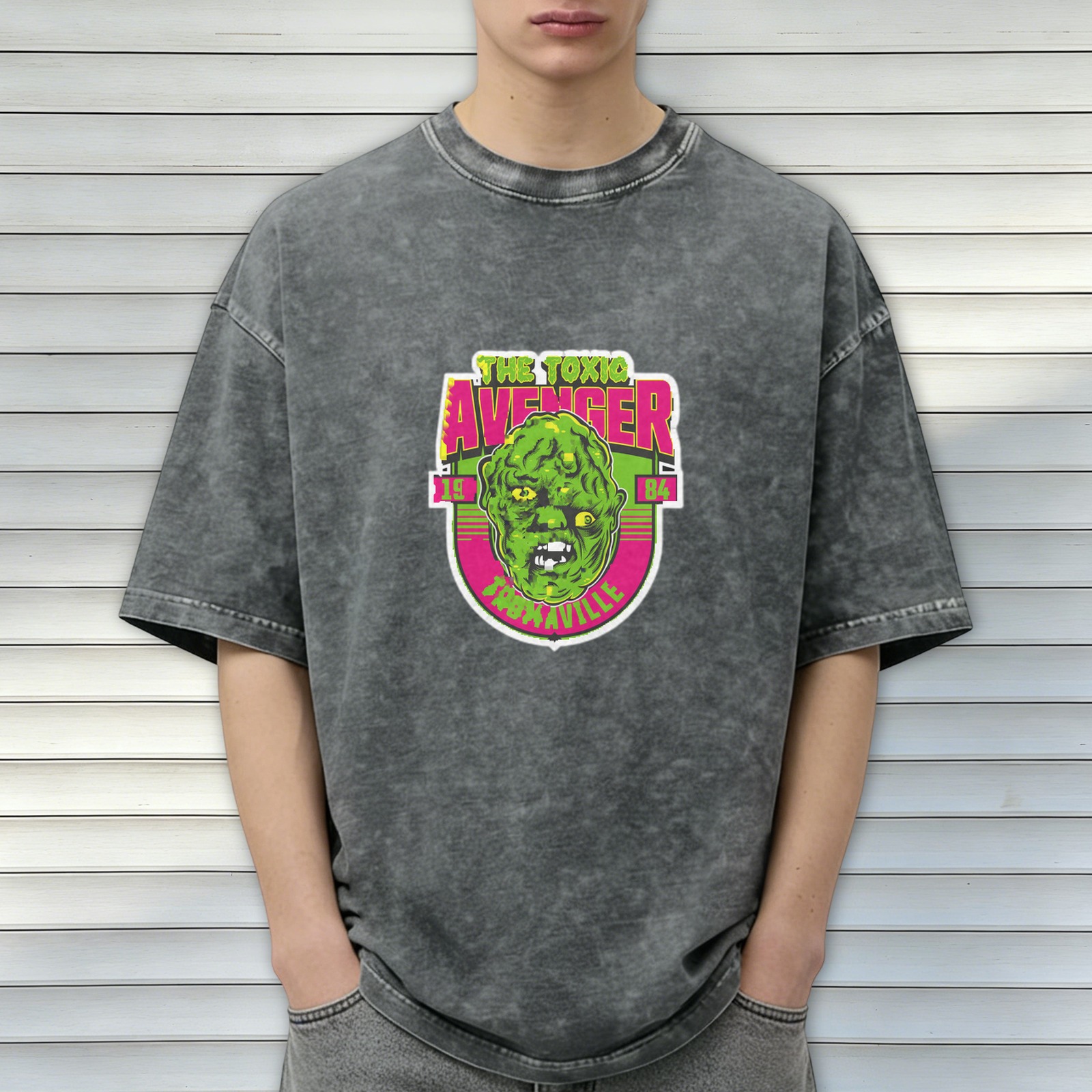 Washed Black T-Shirt with The Toxic Avenger 1984 Tromaville Print
