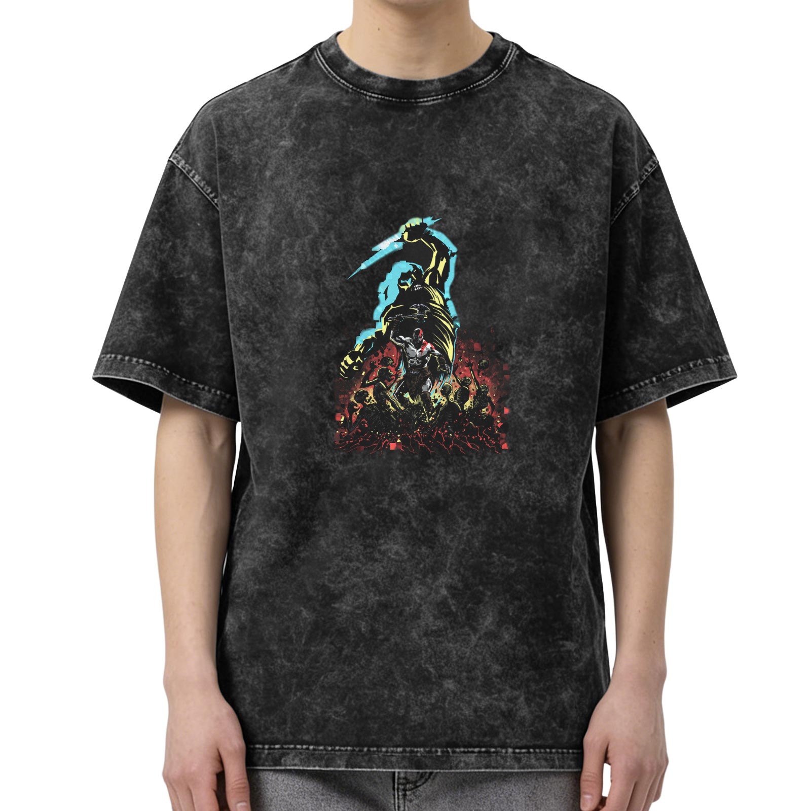 Washed Black Graphic T-Shirt With Mythological Warrior Print