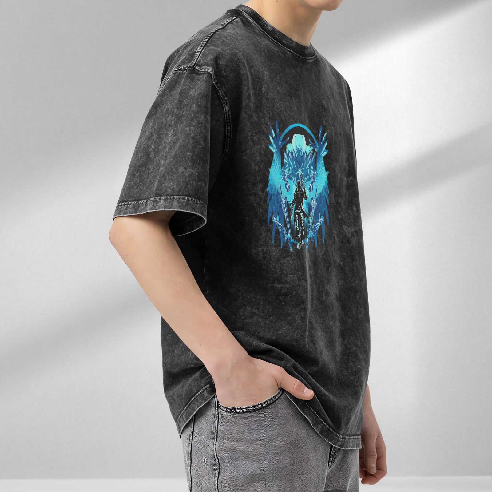 Washed Black Graphic T-Shirt With Blue Fantasy Winged Warrior Design
