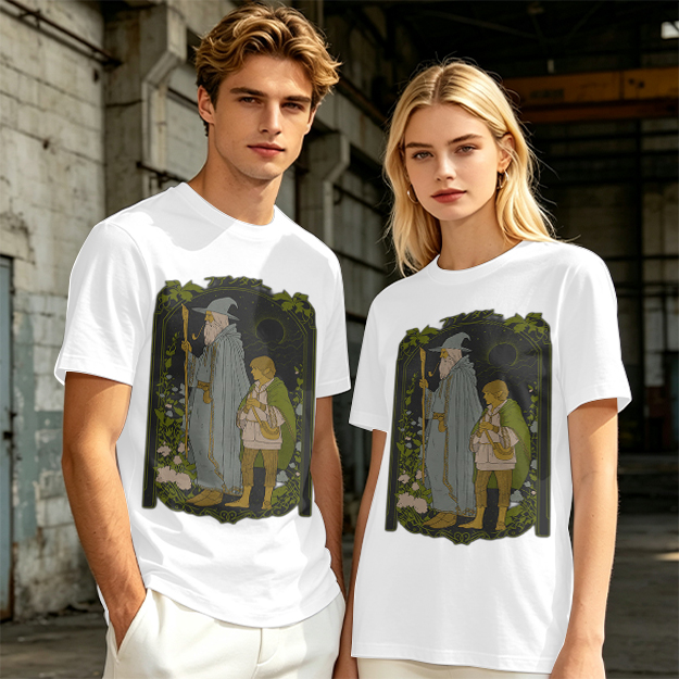 Olive T-Shirt with Wizard and Hobbit Fantasy Art Print