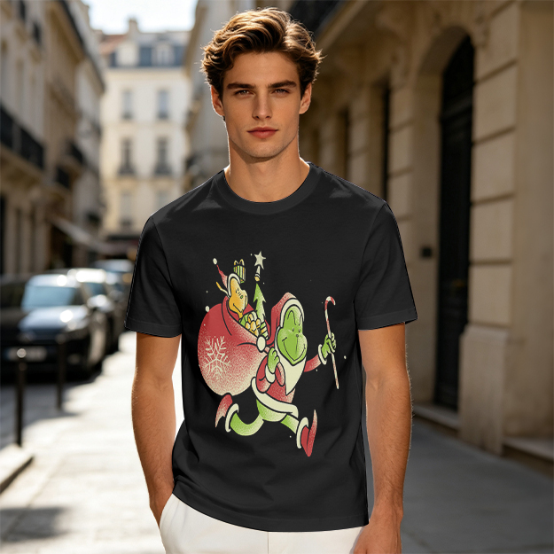 Olive T-shirt with Grinch Santa Christmas Graphic Design