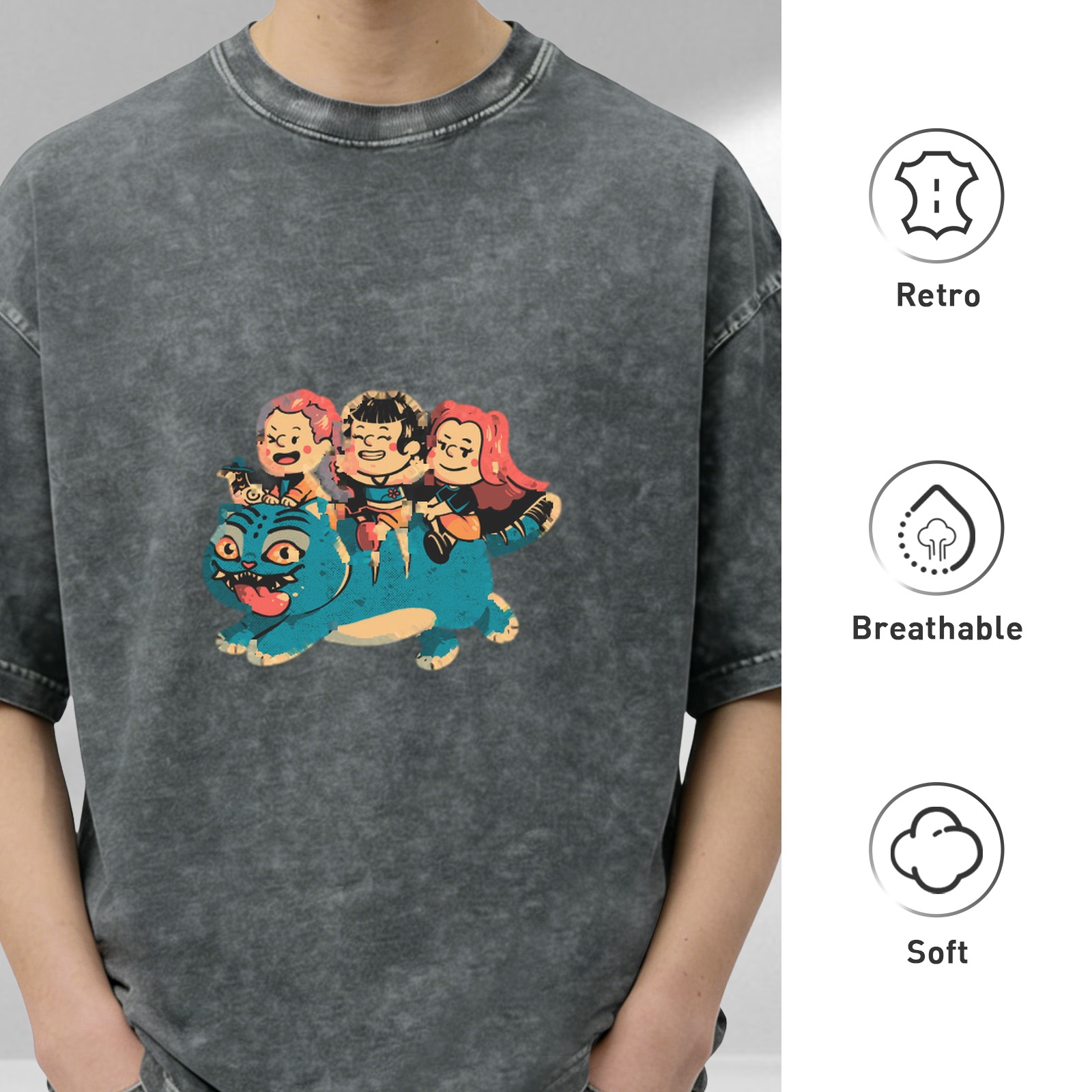 Oversized acid wash t-shirt with cartoon kids riding a blue cat graphic