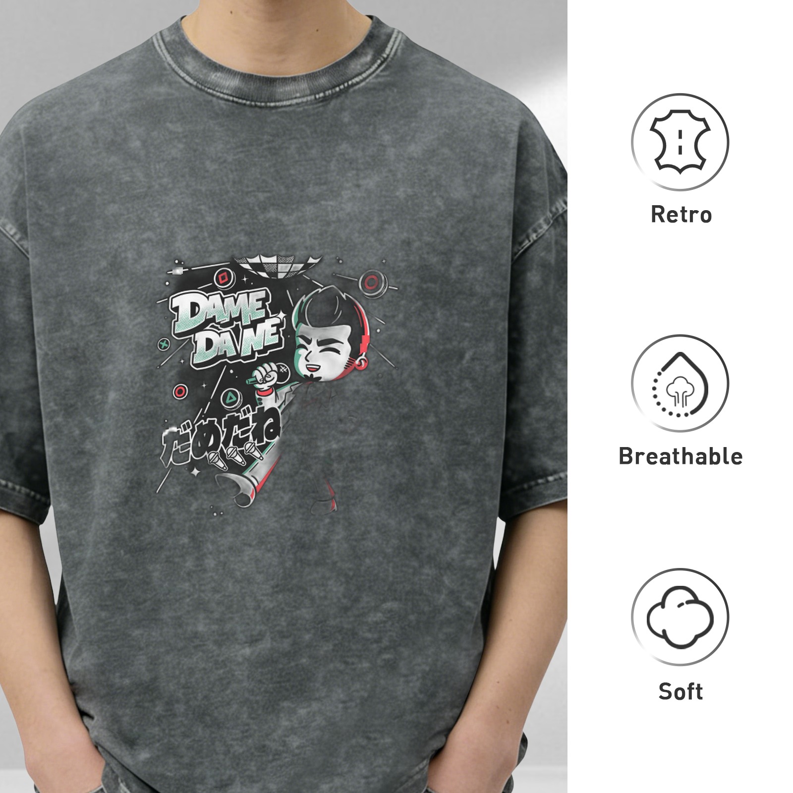 Washed black graphic t-shirt with Dame Dane anime-style print