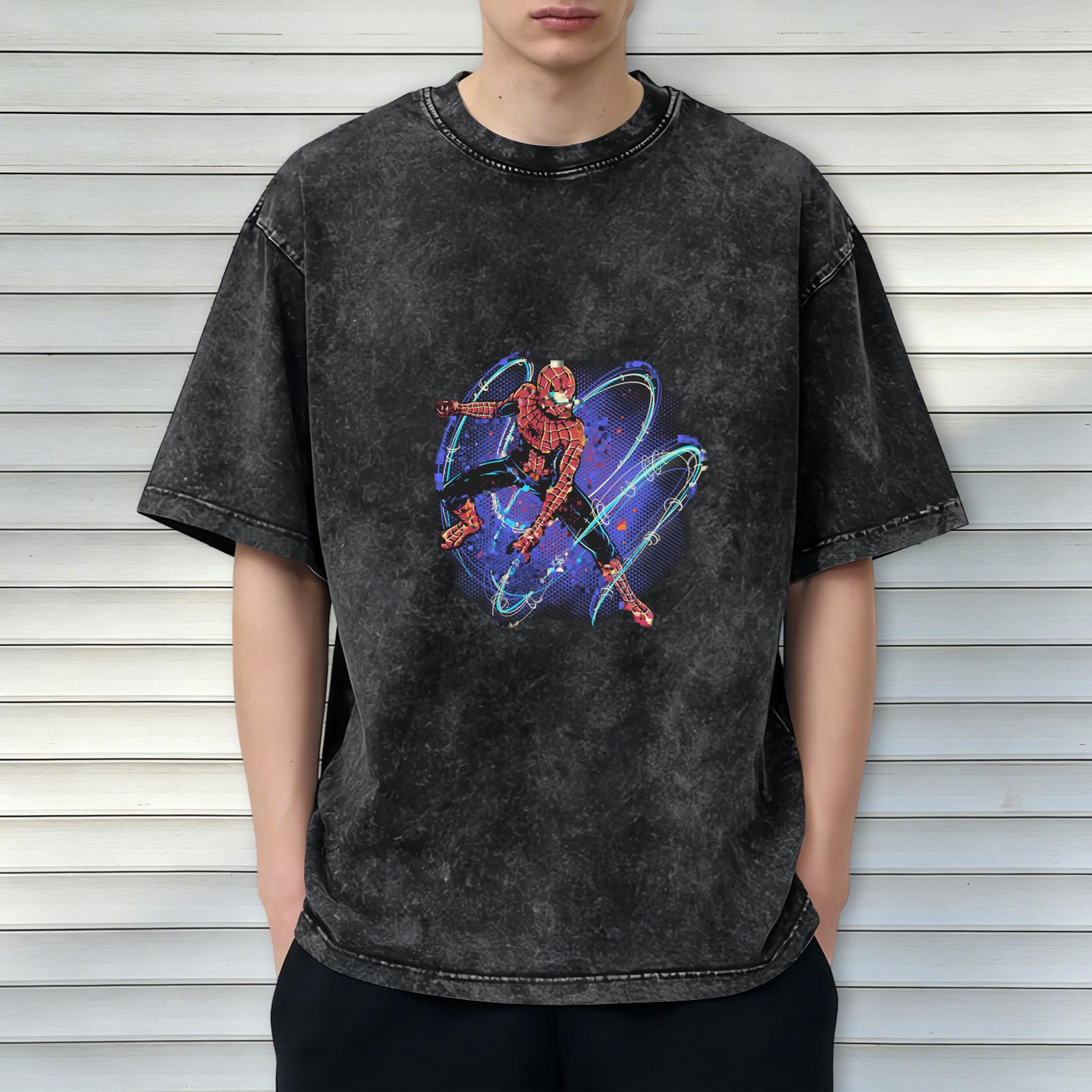 Washed black oversized t-shirt with Spider-Man graphic print