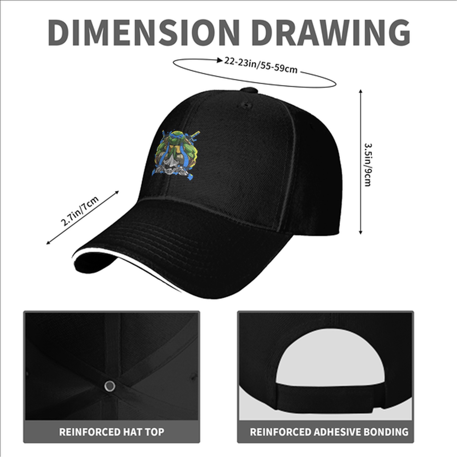 Black Baseball Cap With Blue Ninja Turtle Graphic Print