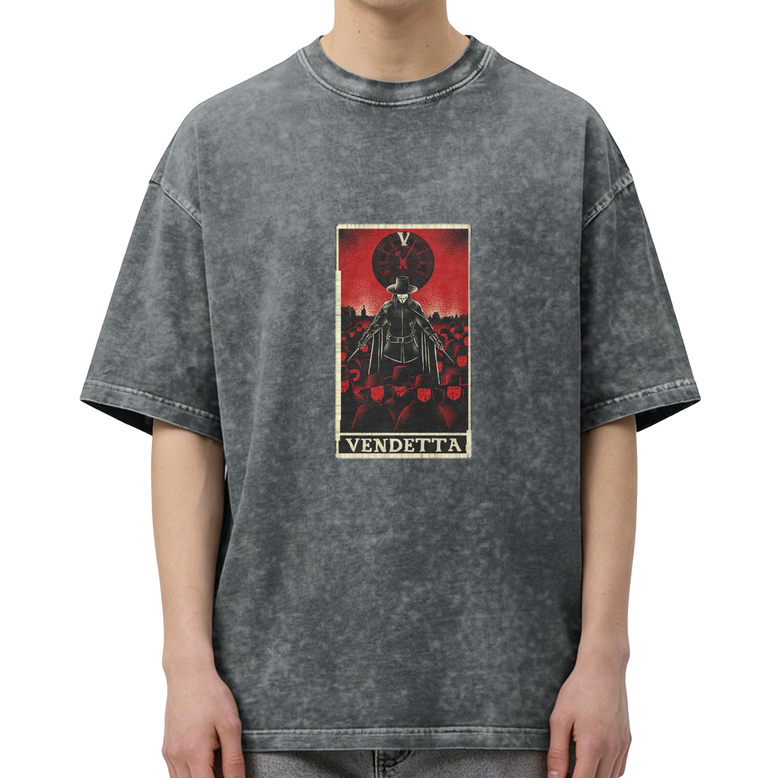 V for Vendetta Tarot Graphic Stone Wash Black T-Shirt