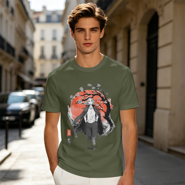 Anime Character with Cherry Blossom Red Moon Graphic T-Shirt