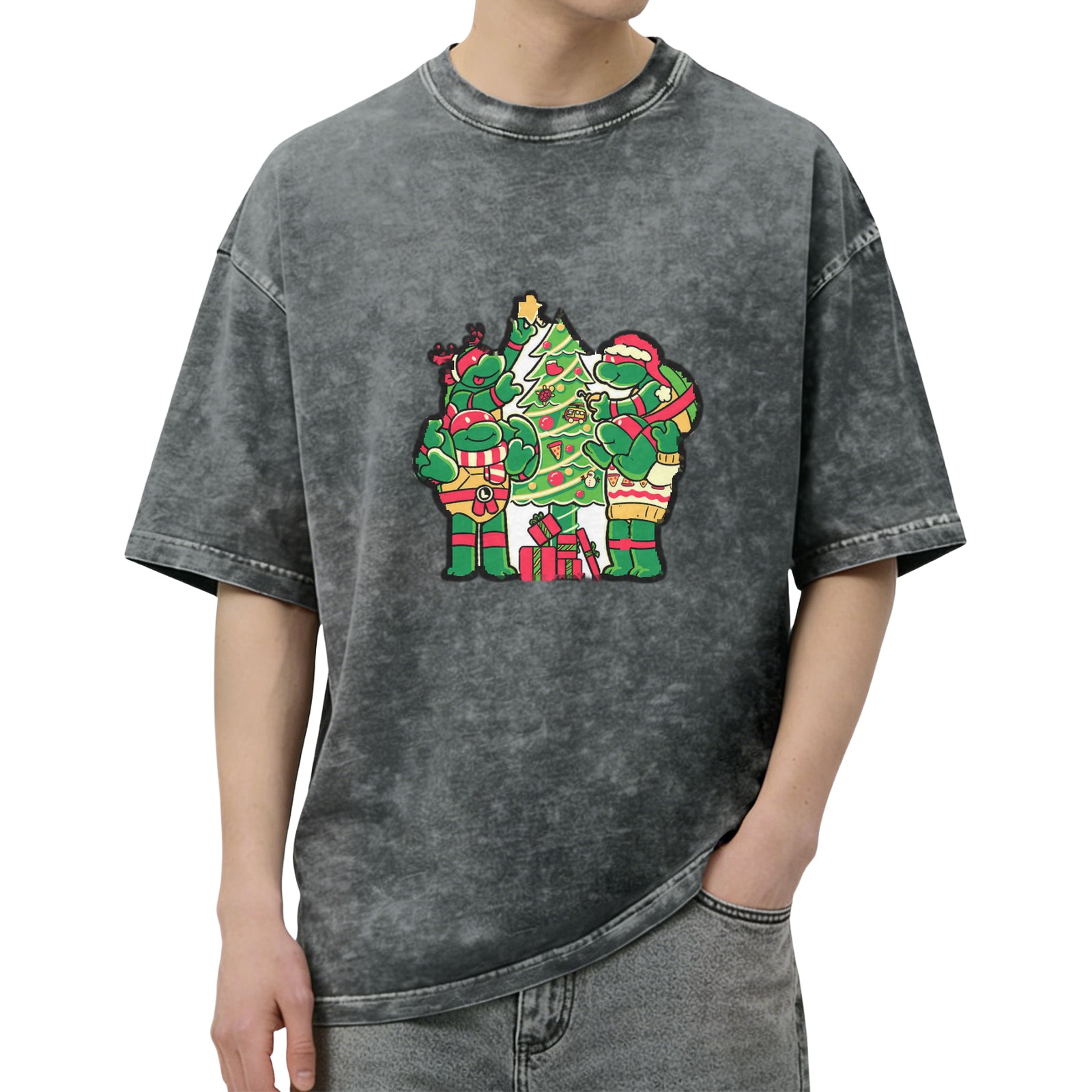 Washed Black T-Shirt with Teenage Mutant Ninja Turtles Christmas Design