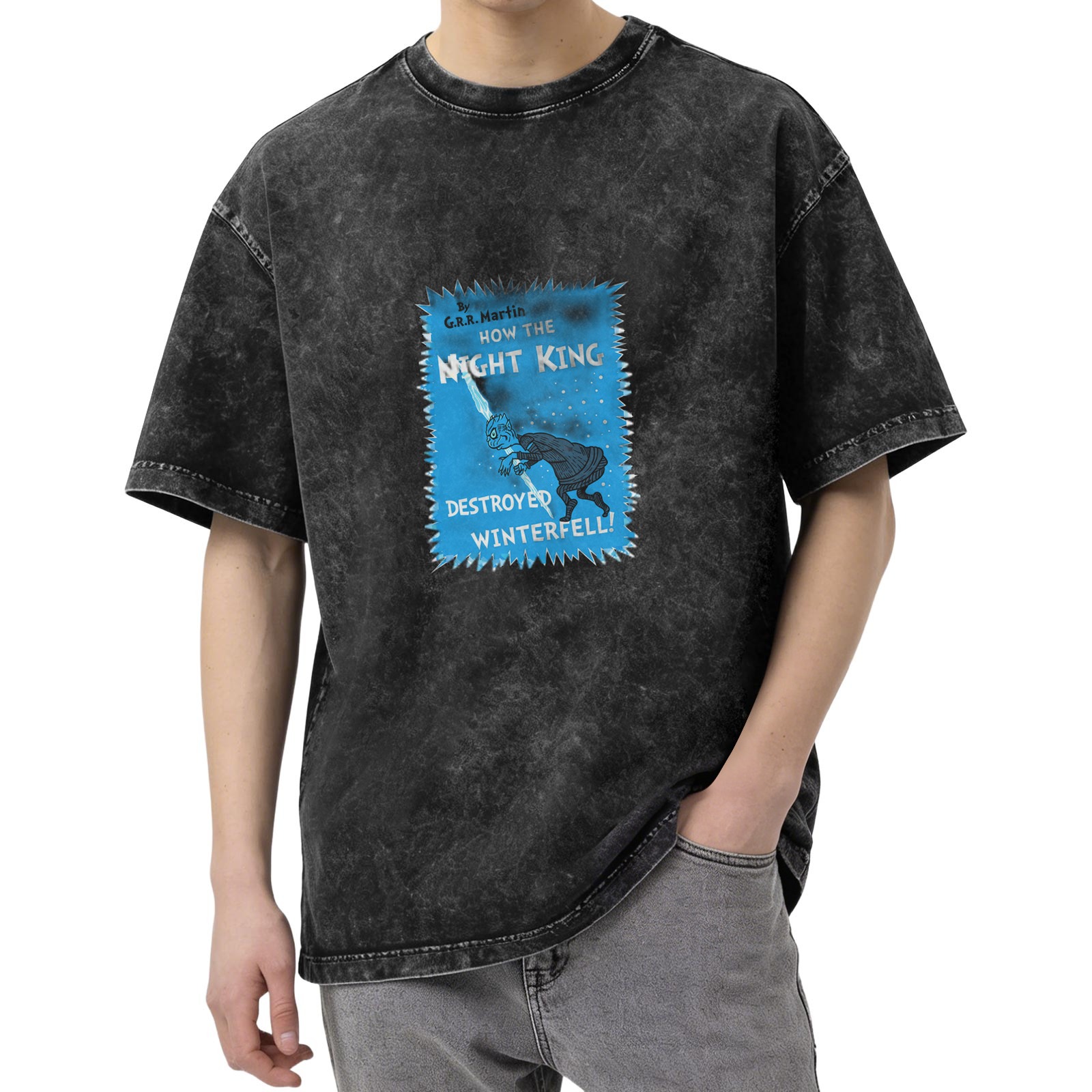 Oversized dark wash t-shirt with Night King Winterfell graphic print