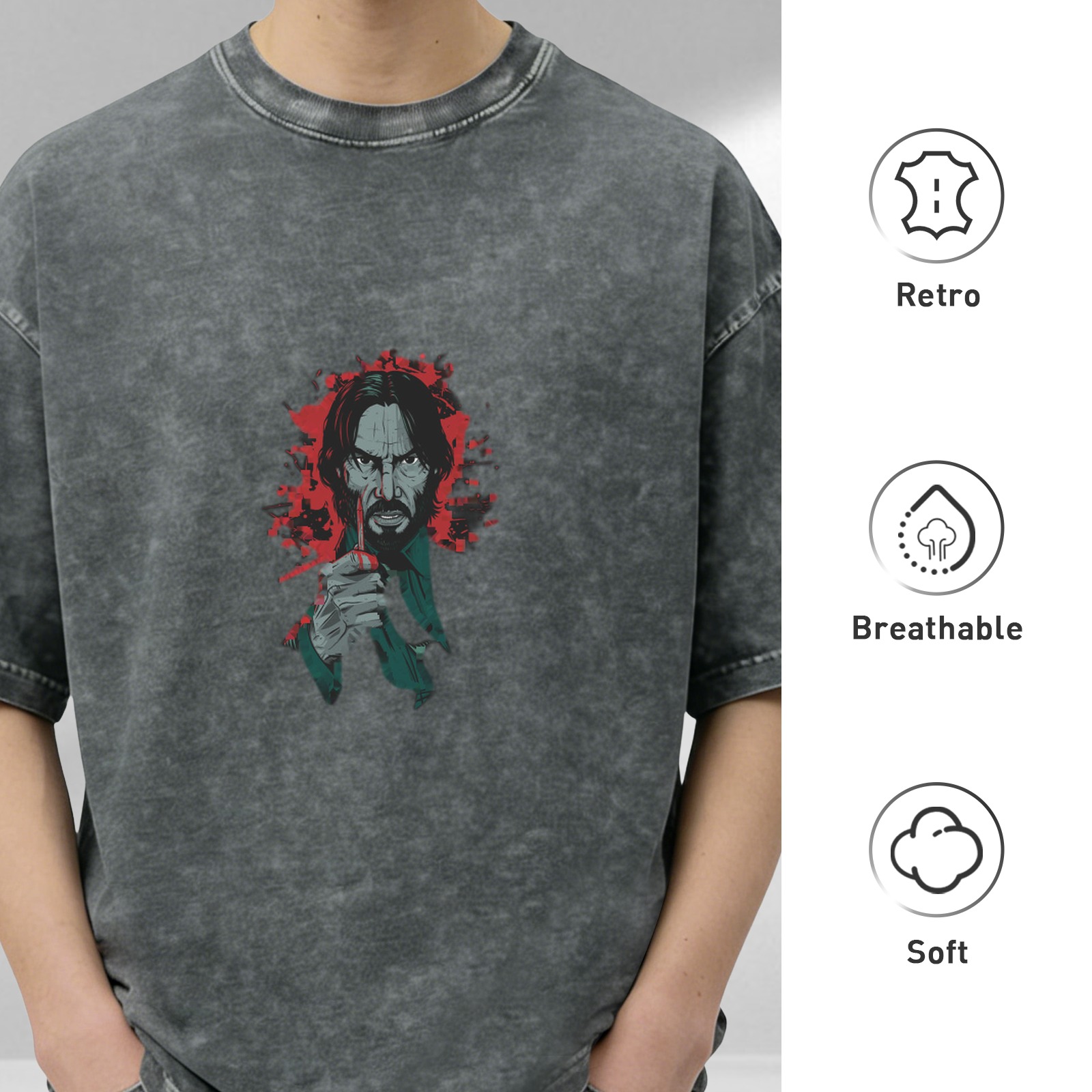 John Wick Graphic Print Oversized Stone Wash T-Shirt