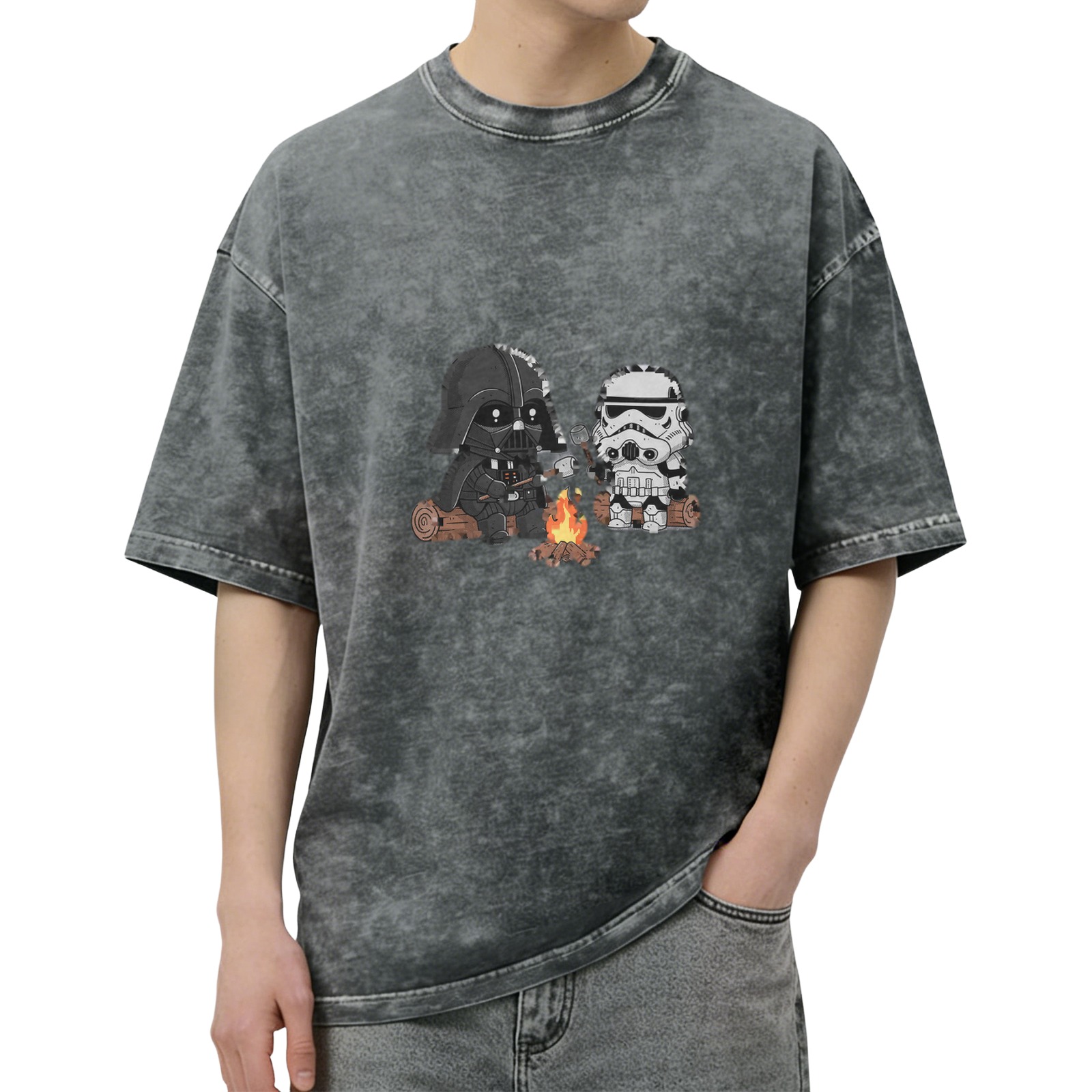 Washed Cotton T-Shirt with Cute Star Wars Characters Camping Graphic