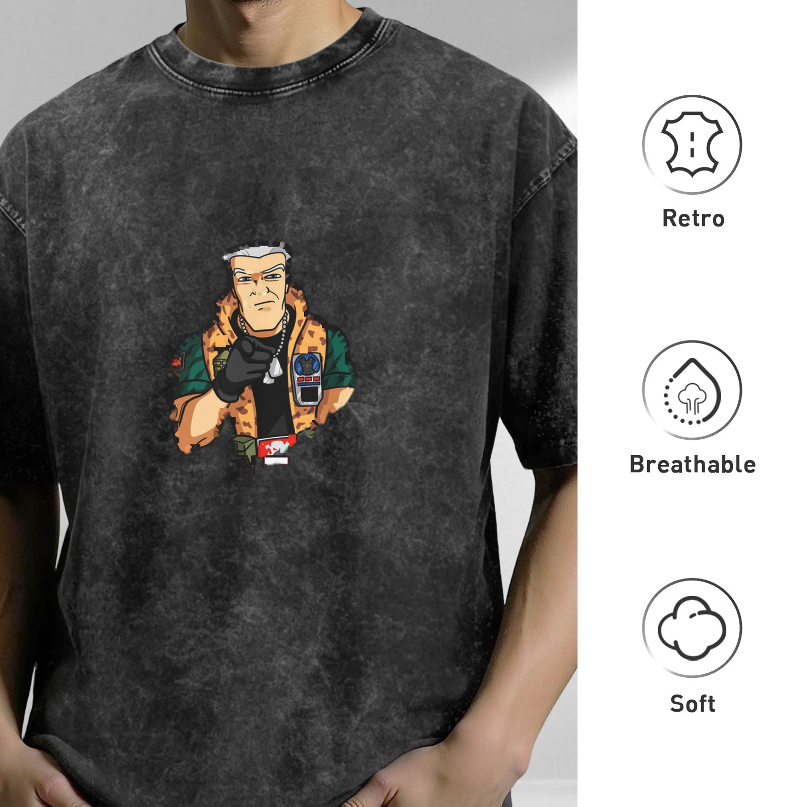 Oversized acid wash graphic t-shirt with cartoon military character print