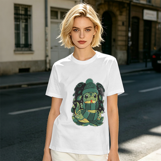 Olive Green T-Shirt With Cute Cartoon Snake Graphic