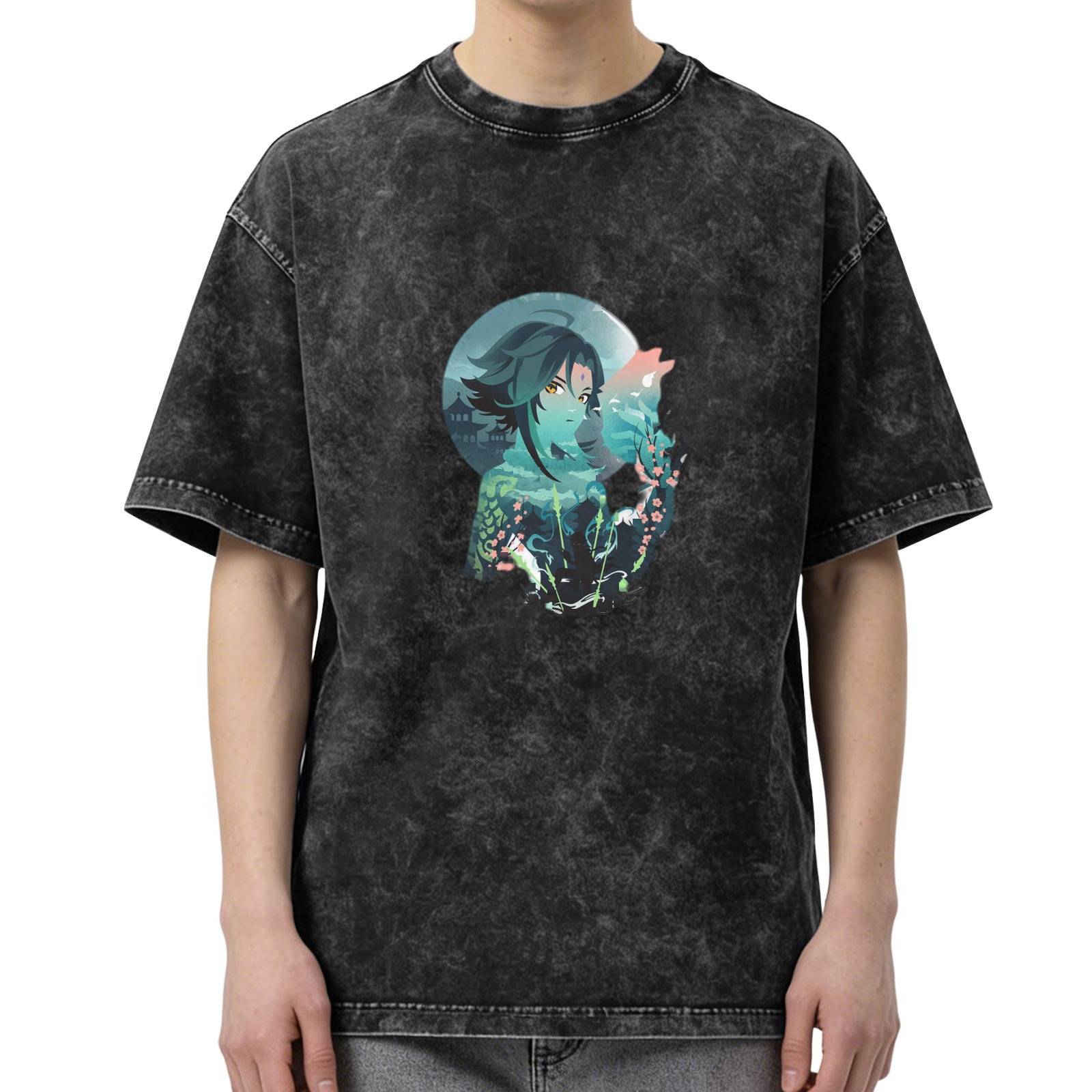 Oversized Washed Black T-Shirt with Anime Character Graphic Print