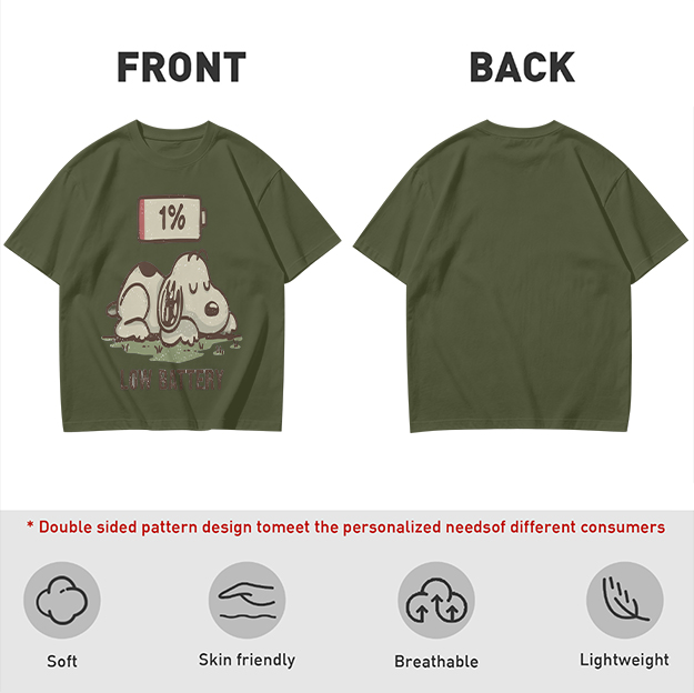 Olive T-Shirt With Tired Dog 1% Battery Graphic Print