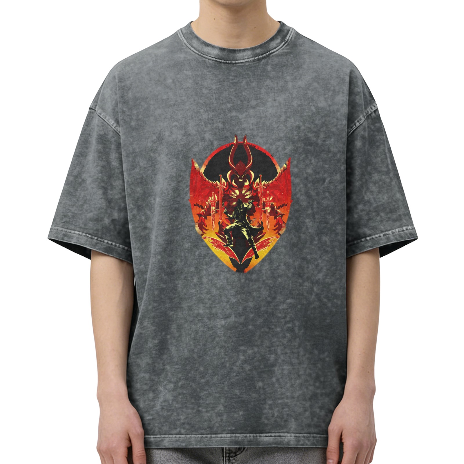 Washed Black Graphic T-Shirt With Fiery Demon Emblem Design