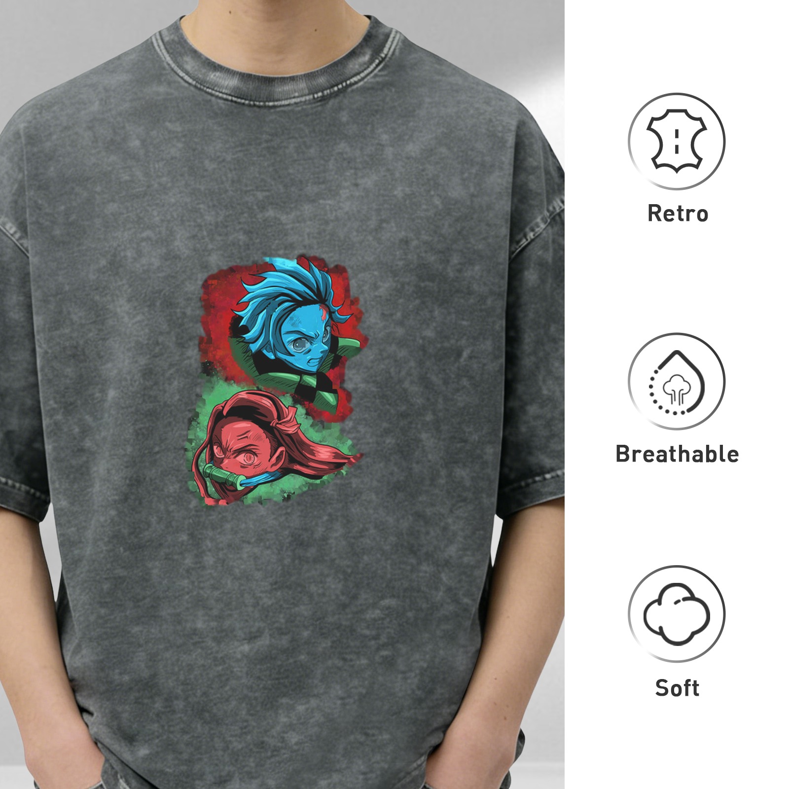 Oversized Acid Wash T-Shirt with Demon Slayer Anime Character Print