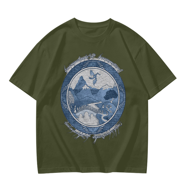 Olive T-Shirt With Fantasy Mountain Landscape Dragon Print