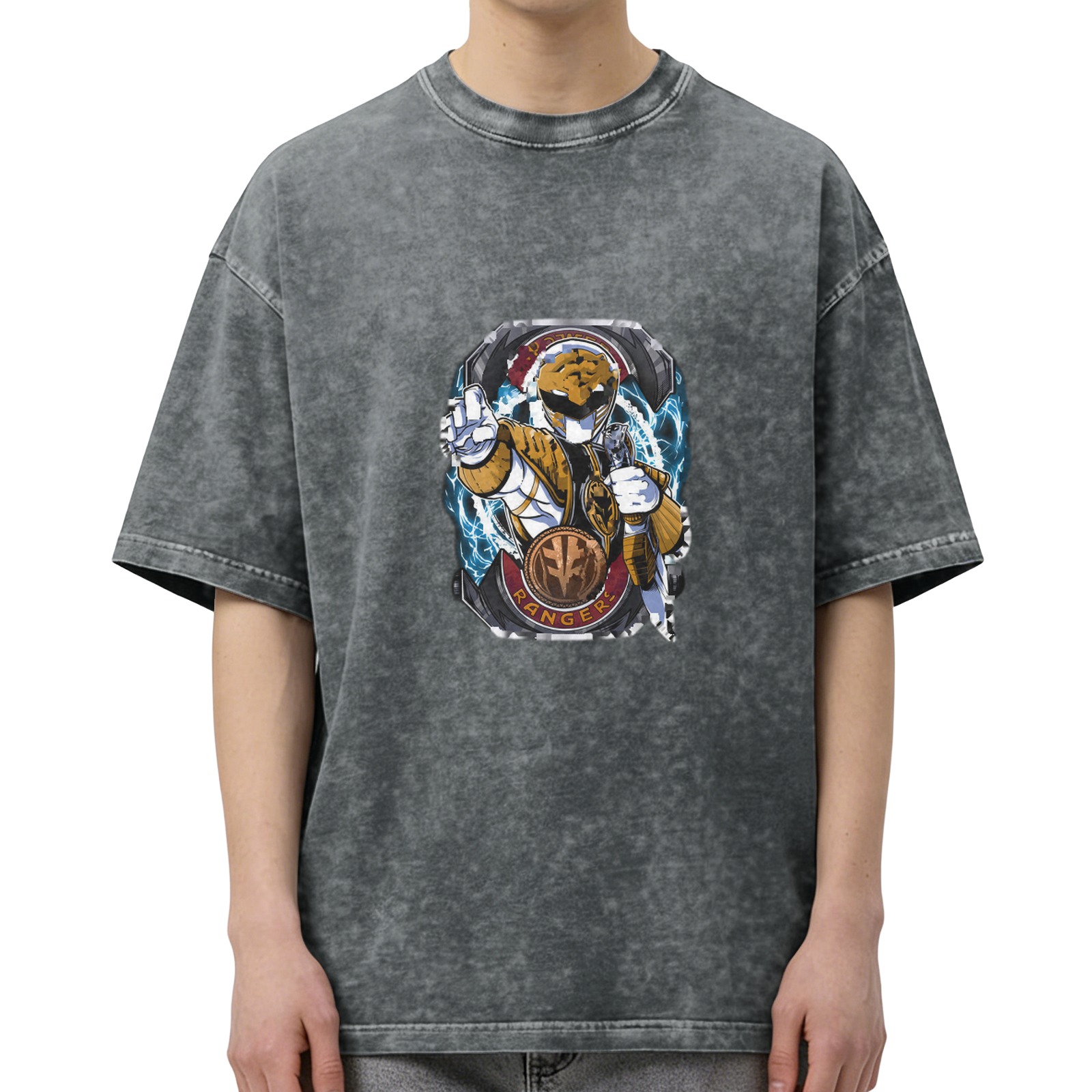 Oversized Stonewashed T-Shirt with White Power Ranger Graphic