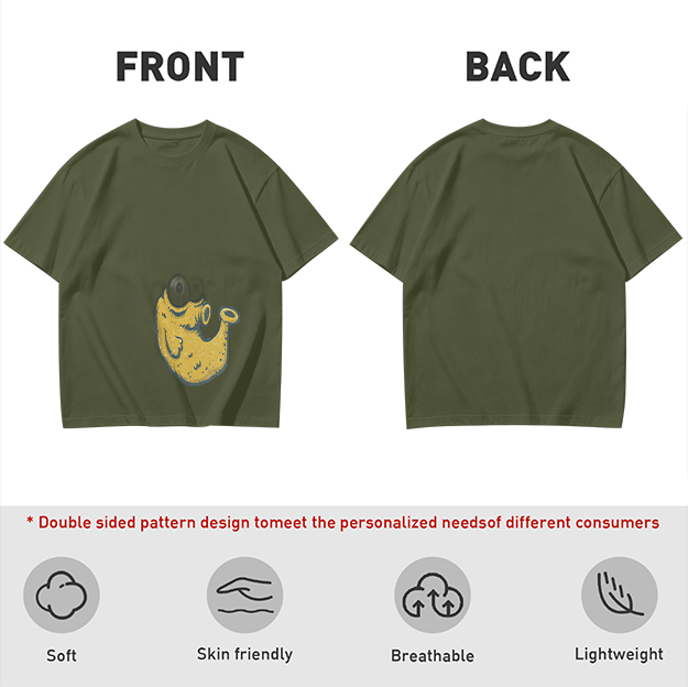 Olive Green T-Shirt With Whimsical Yellow Monster Graphic