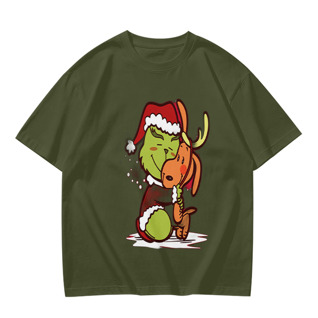 Olive Christmas T-Shirt Featuring Grinch Hugging Max The Reindeer