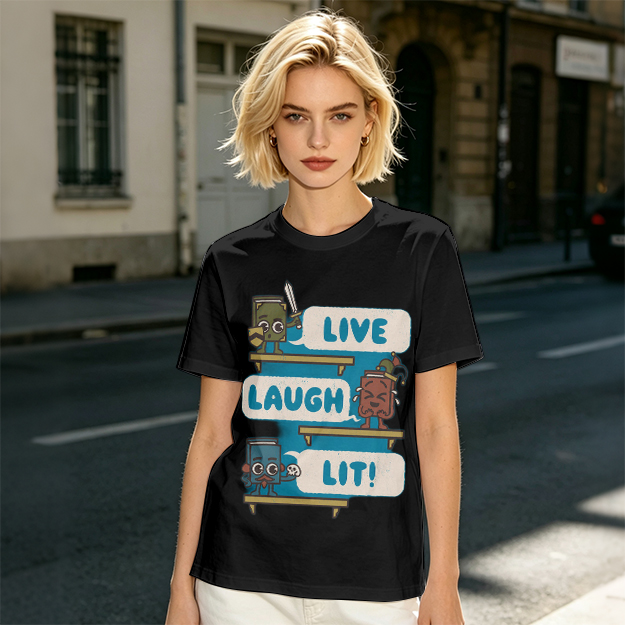 Olive T-Shirt With Cartoon Books 'Live Laugh Lit' Graphic