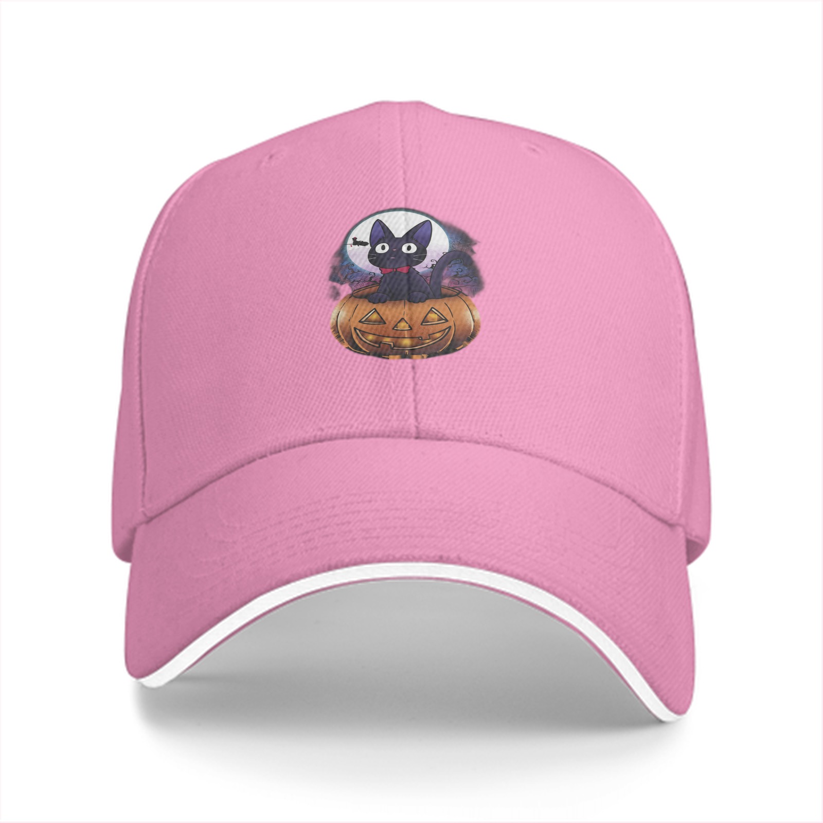 Black Baseball Cap With Halloween Black Cat Jack-o'-lantern Print