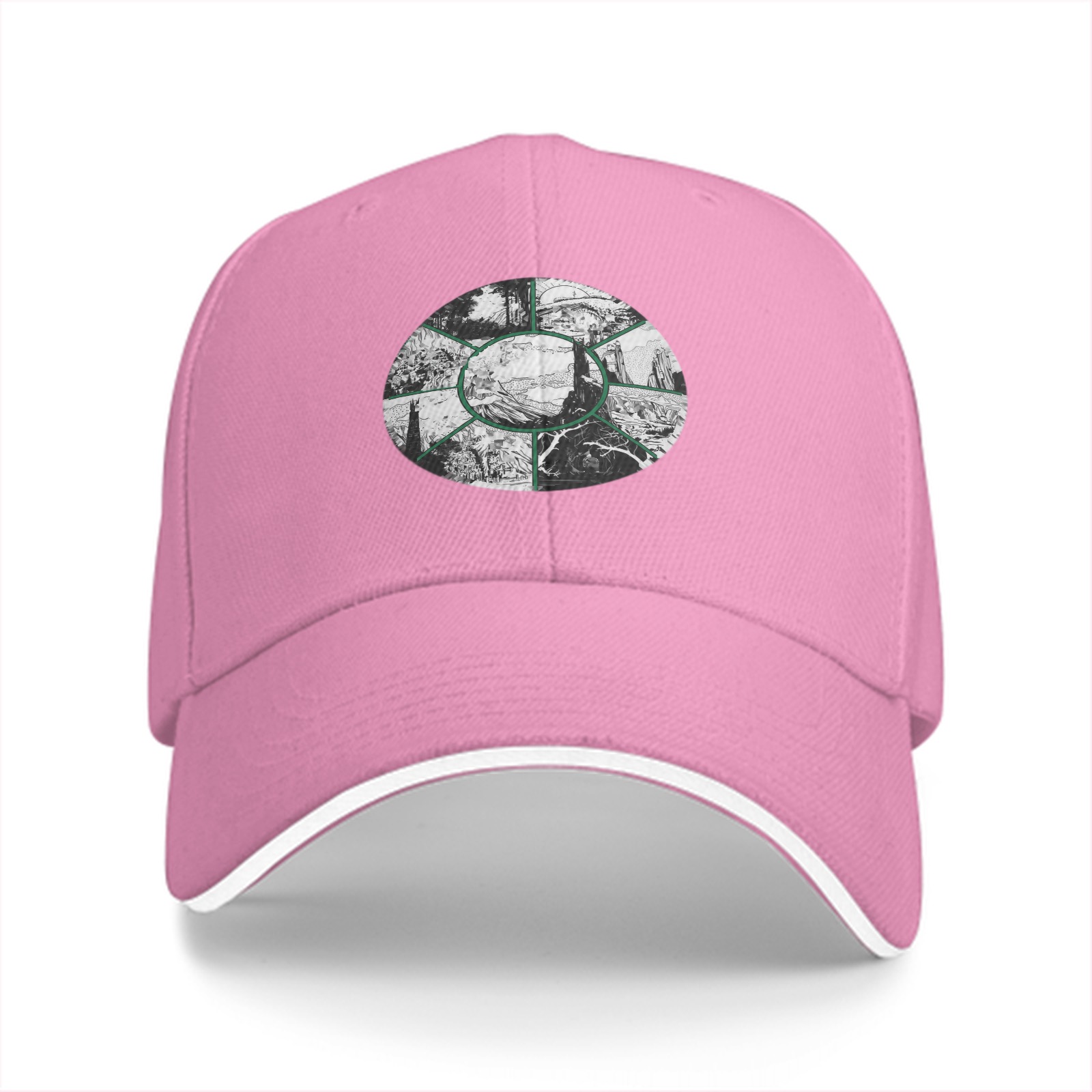 Black Baseball Cap With Circular Nature Landscape Graphic
