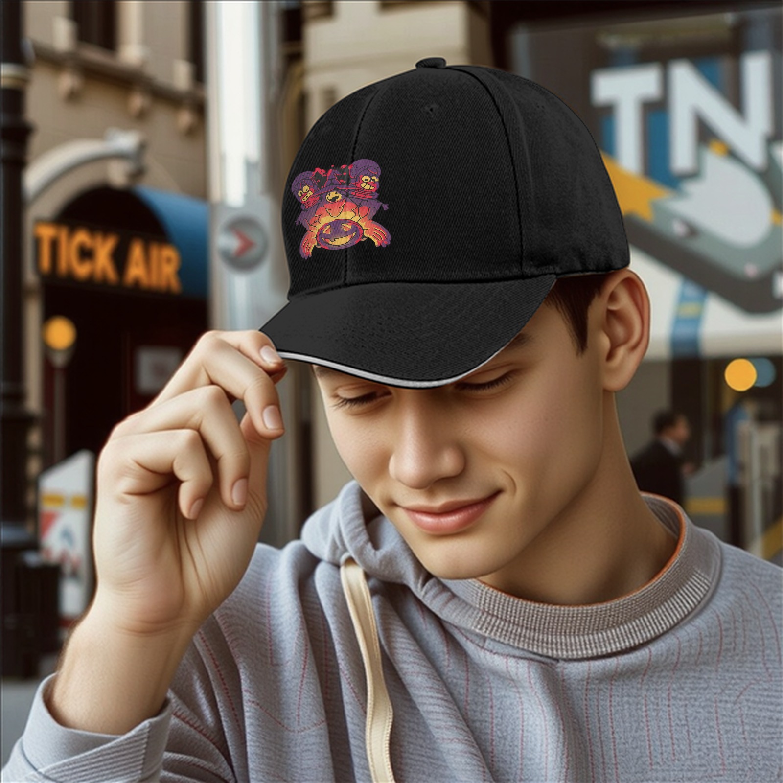 Black Baseball Cap With Halloween Witch And Ghosts Graphic