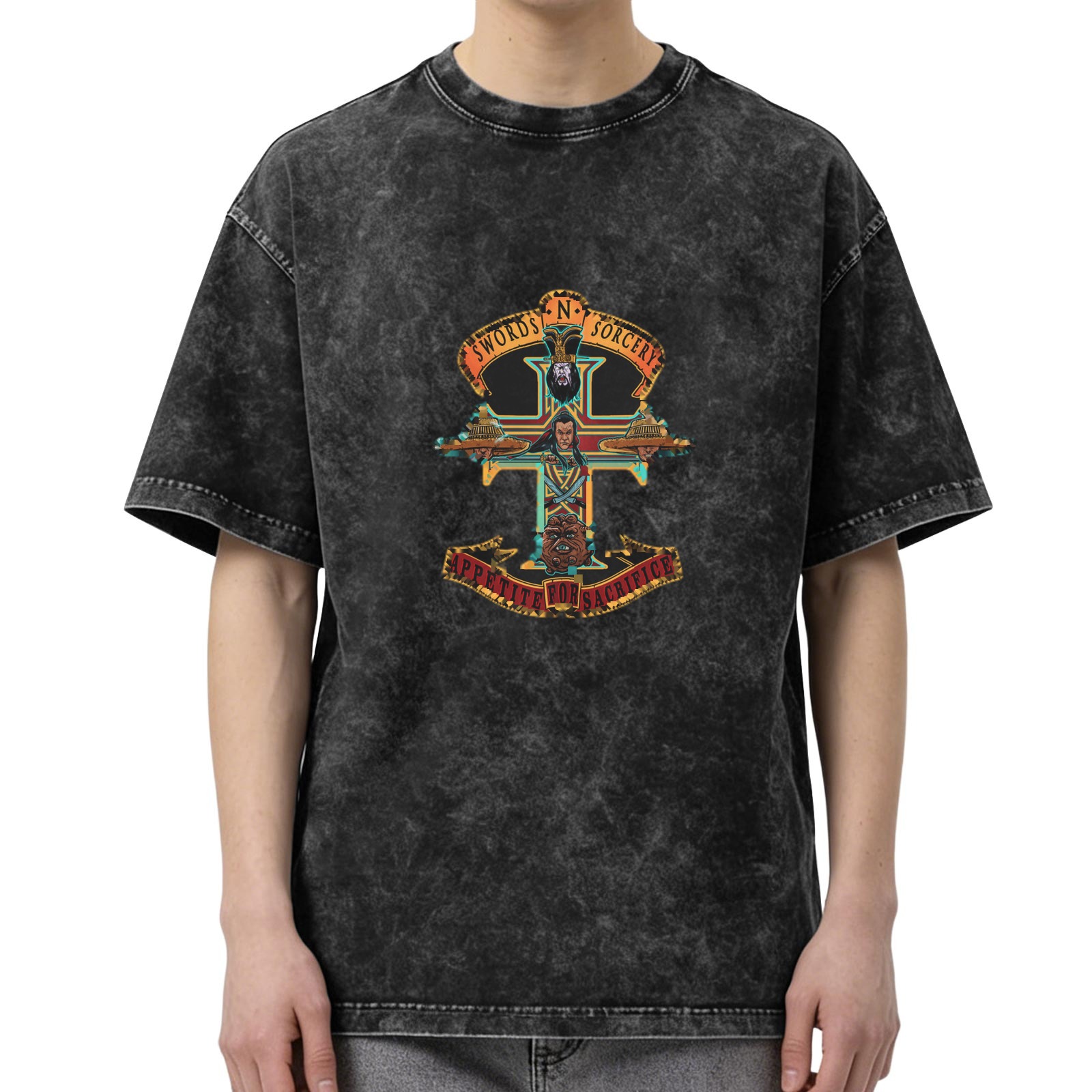 Washed Black Graphic T-Shirt with Swords N Sorcery Appetite for Sacrifice Design