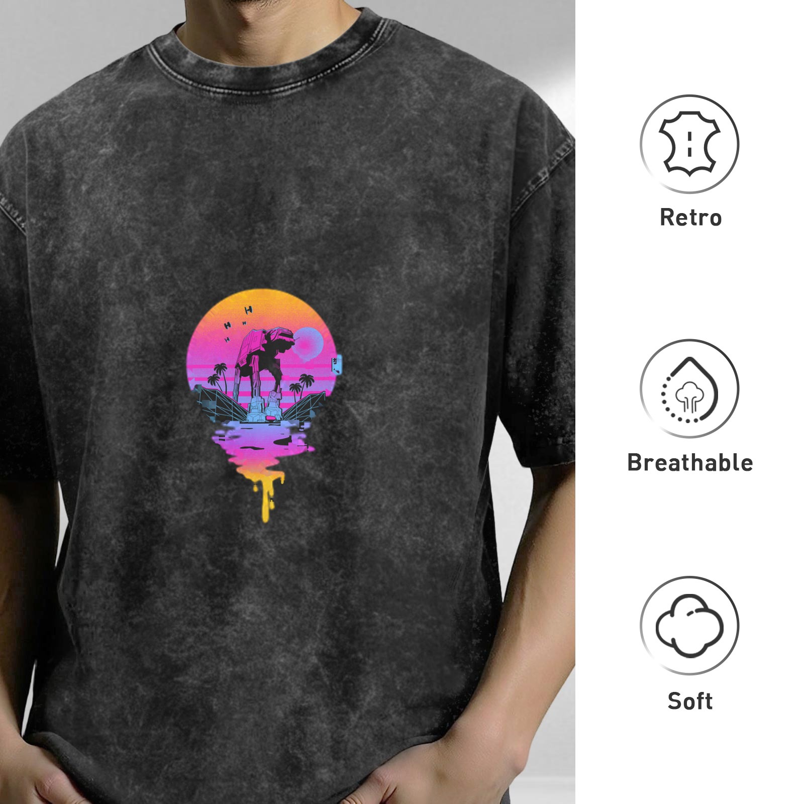 Distressed washed black round neck short-sleeved T-shirt Steamwave style Star Wars AT-AT walker printed top